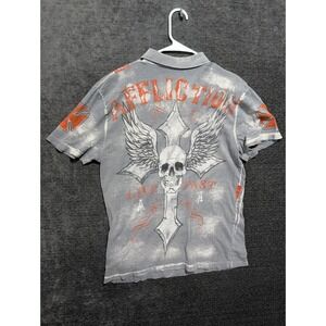 Affliction Mens Live Fast Winged Skull Cross Distressed Polo Shirt Grey Large